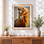 Finished golden mane horse cross stitch artwork displayed