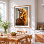 Golden mane horse cross stitch artwork displayed on wall as home decor