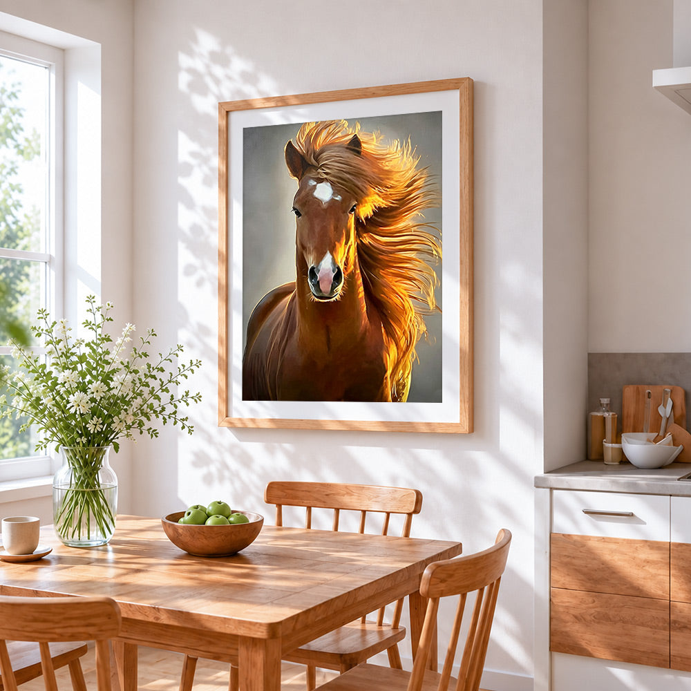 Golden mane horse cross stitch artwork displayed on wall as home decor