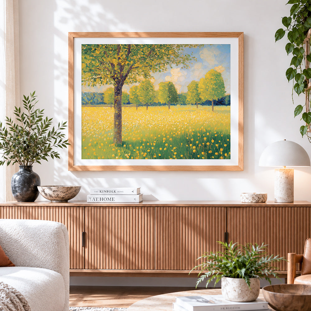 Finished golden meadow in the sunshine cross stitch artwork displayed