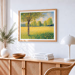 Golden meadow in the sunshine cross stitch artwork displayed on wall as home decor