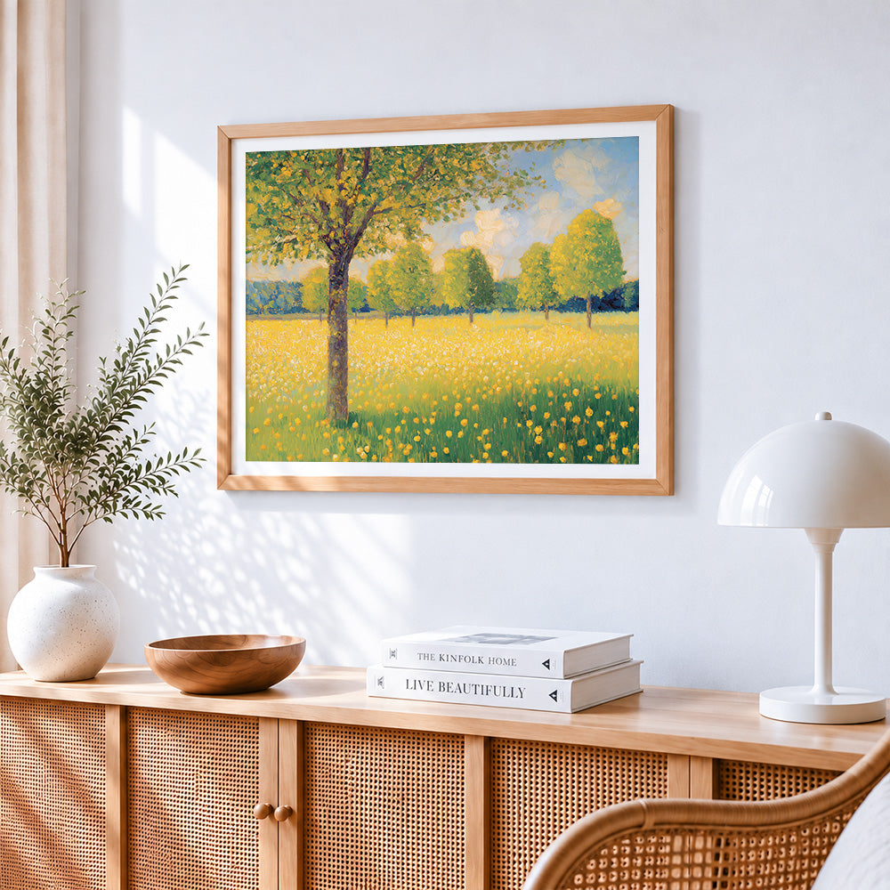 Golden meadow in the sunshine cross stitch artwork displayed on wall as home decor