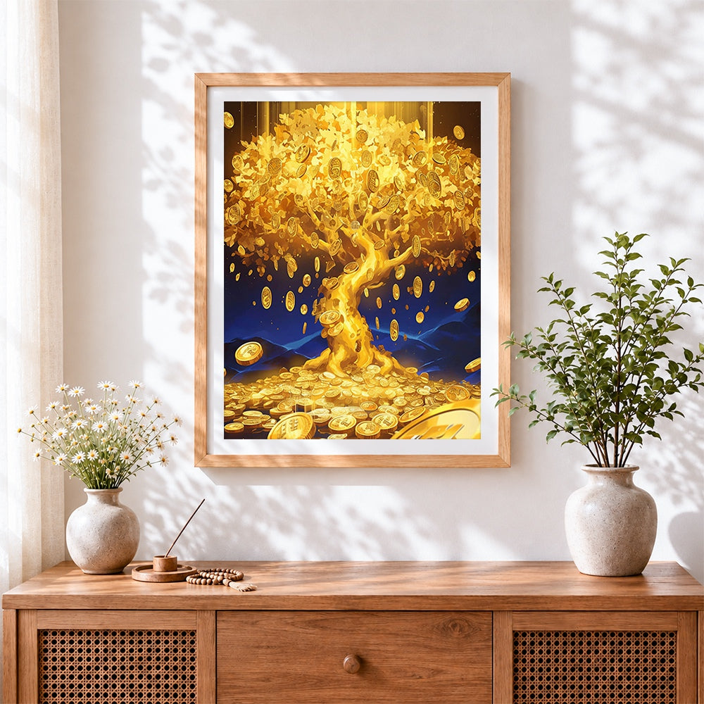 Finished golden money tree cross stitch artwork displayed