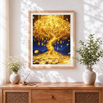Finished golden money tree cross stitch artwork displayed