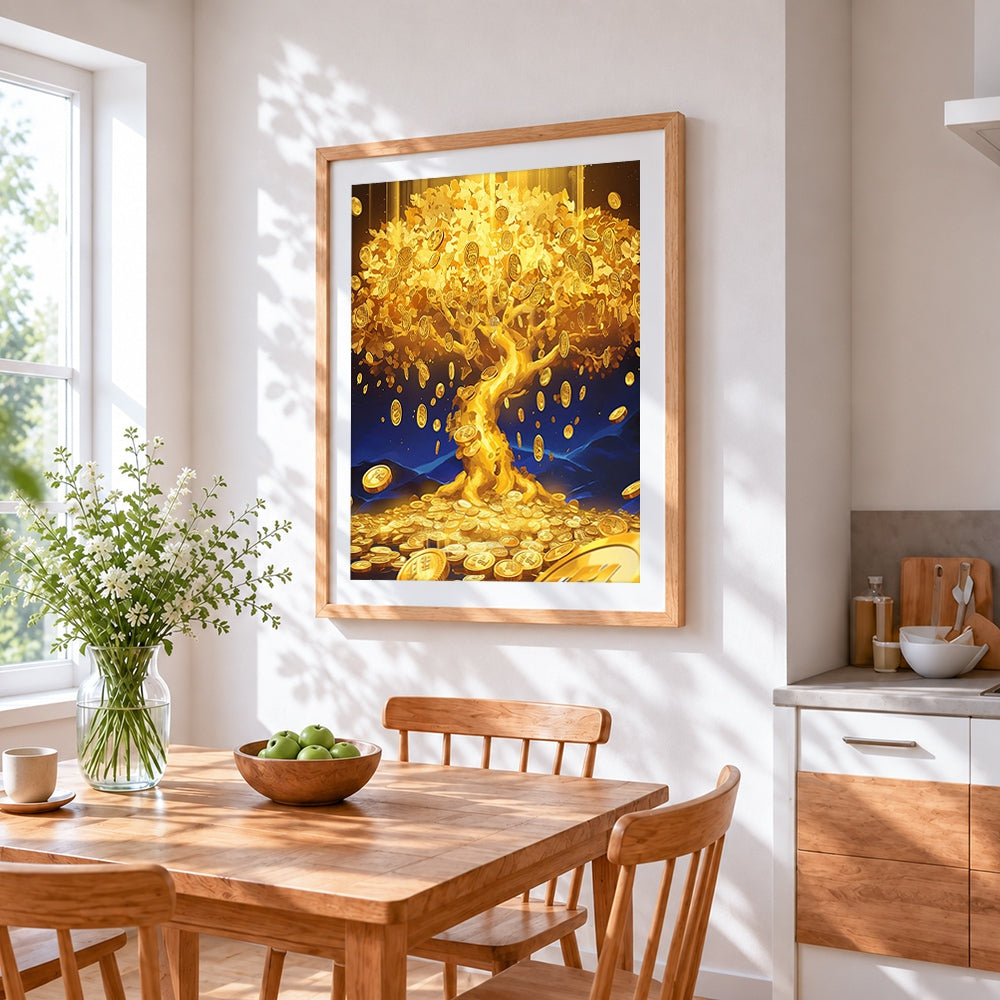 Golden money tree cross stitch artwork displayed on wall as home decor
