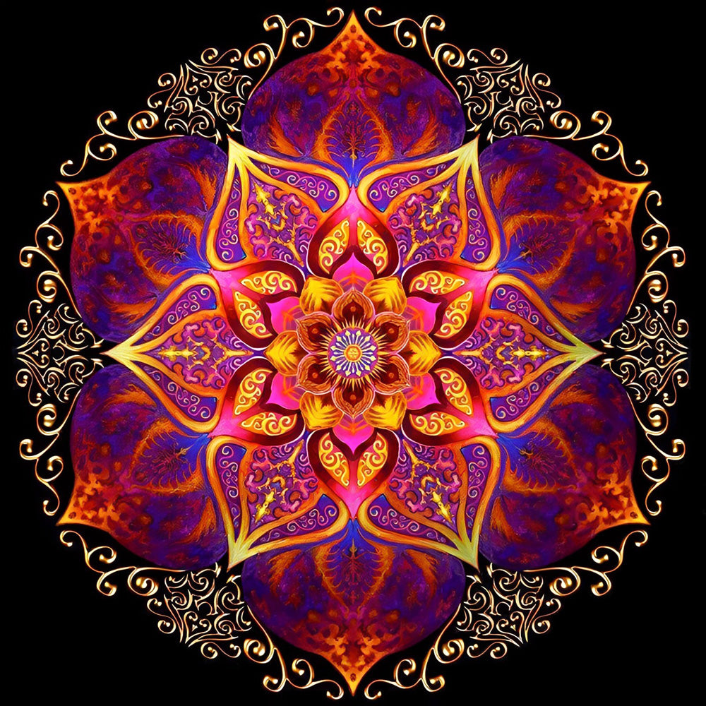 Golden orange and purple ornate mandala cross stitch kit for beginners
