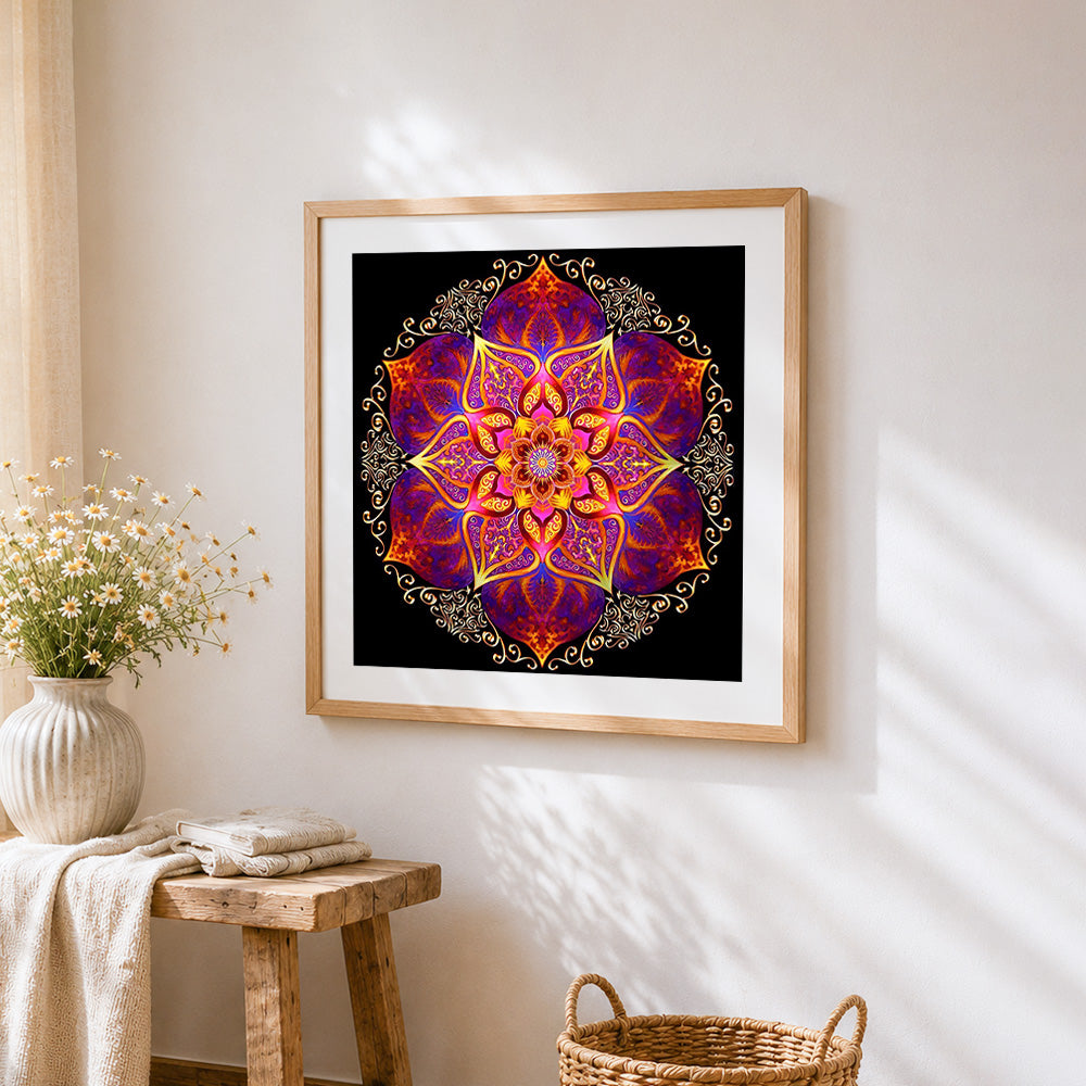 Golden orange and purple ornate mandala cross stitch artwork displayed on wall as home decor
