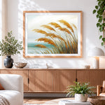 Finished golden pampas grass by the sea paint by numbers artwork displayed as home decor