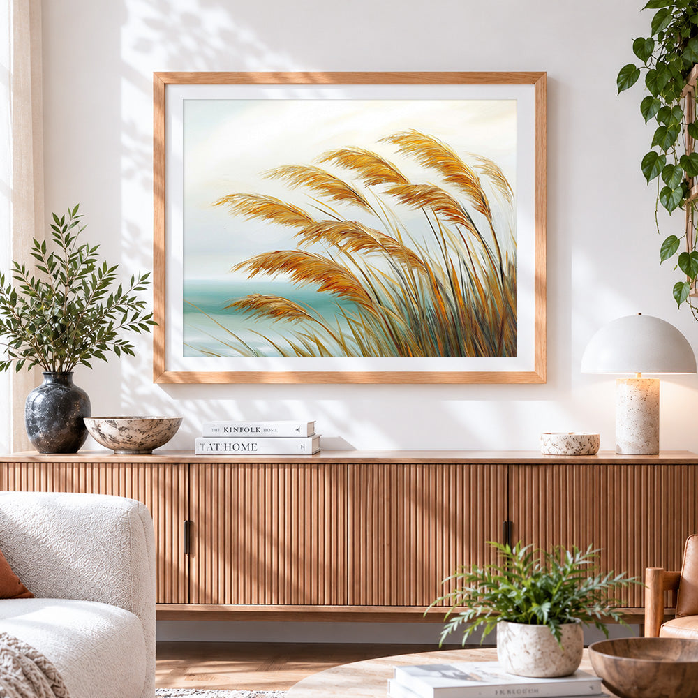 Finished golden pampas grass by the sea paint by numbers artwork displayed as home decor