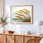Golden pampas grass by the sea paint by numbers artwork displayed on wall as home decor