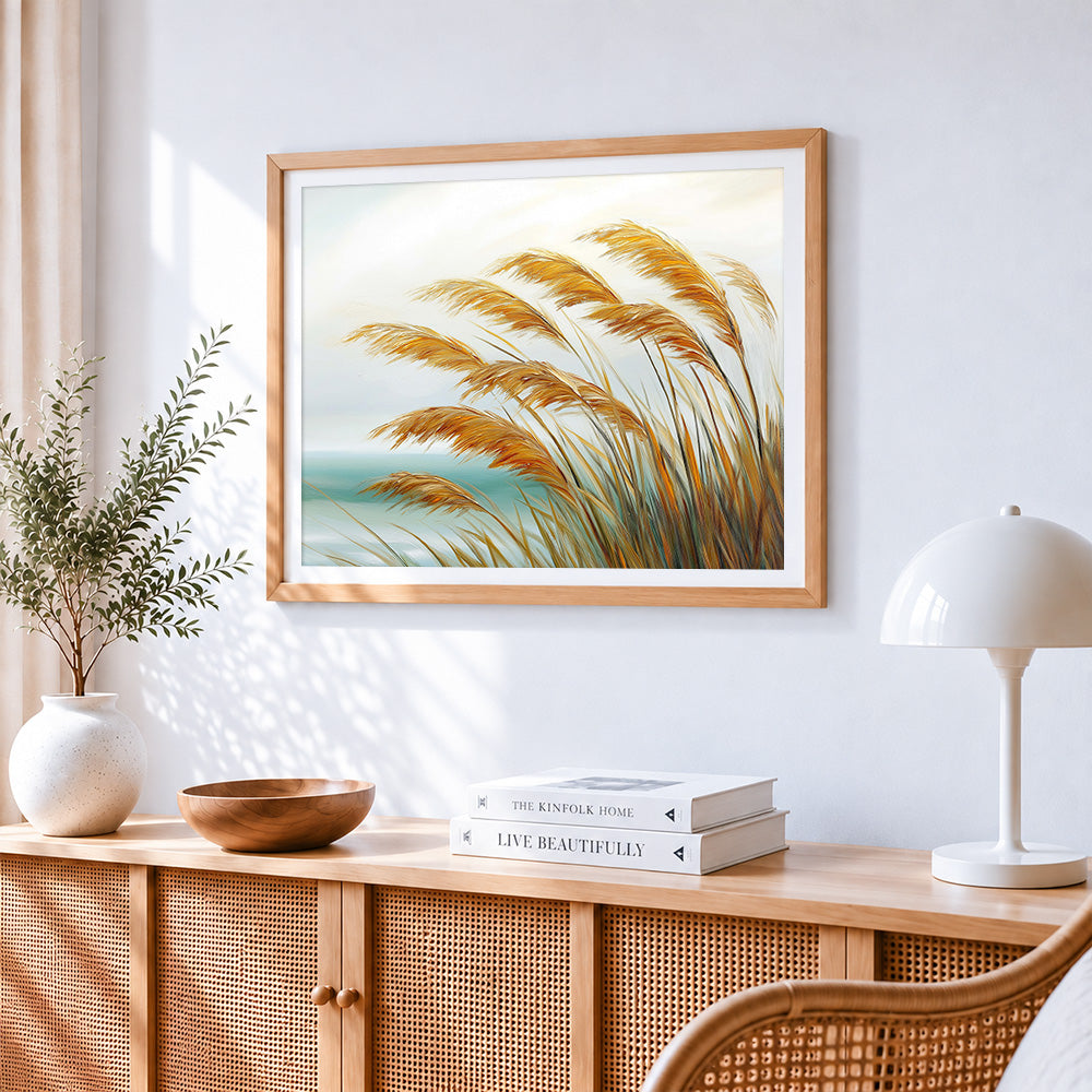 Golden pampas grass by the sea paint by numbers artwork displayed on wall as home decor