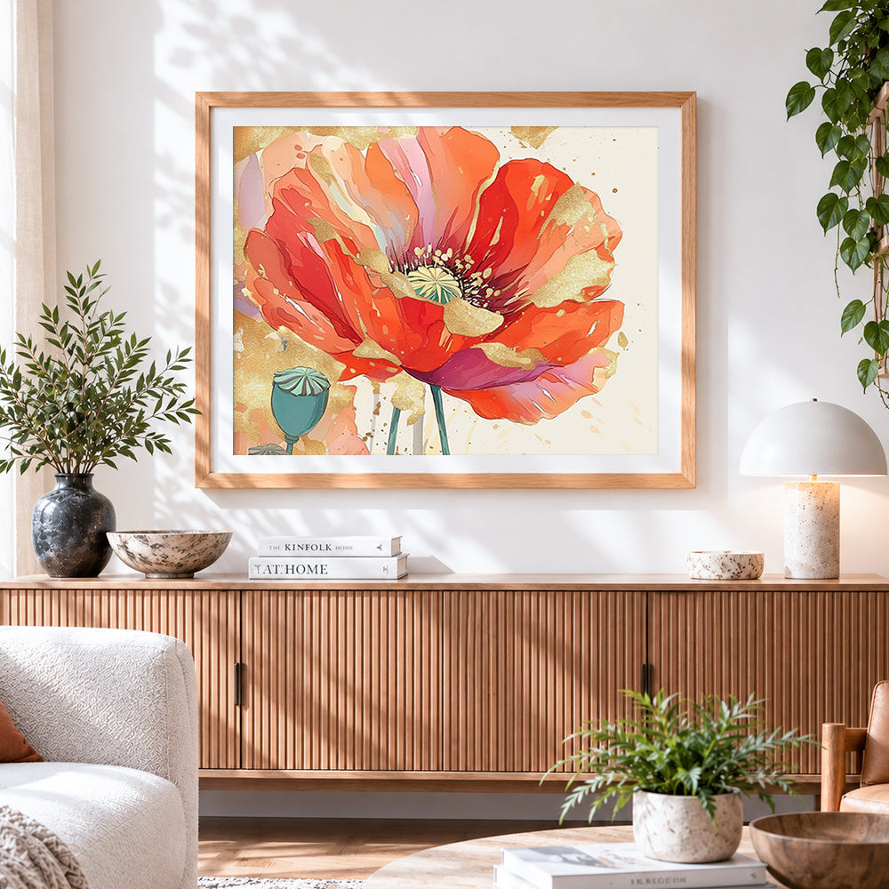 Finished golden poppy with gold leaf accents cross stitch artwork displayed