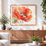 Finished golden poppy with gold leaf accents cross stitch artwork displayed