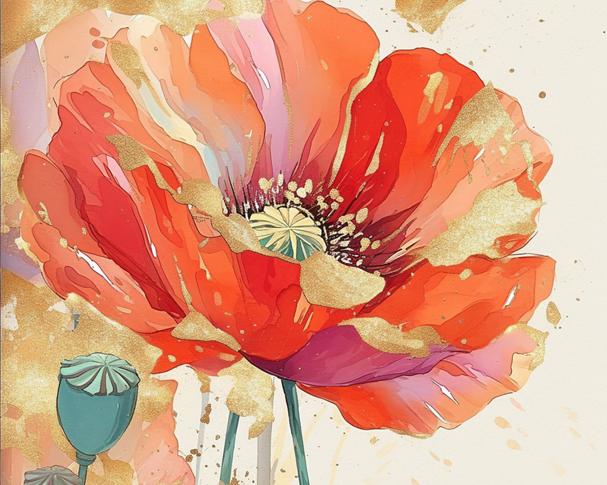 Golden poppy with gold leaf accents cross stitch kit for beginners