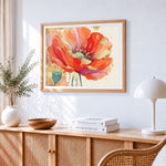 Golden poppy with gold leaf accents cross stitch artwork displayed on wall as home decor