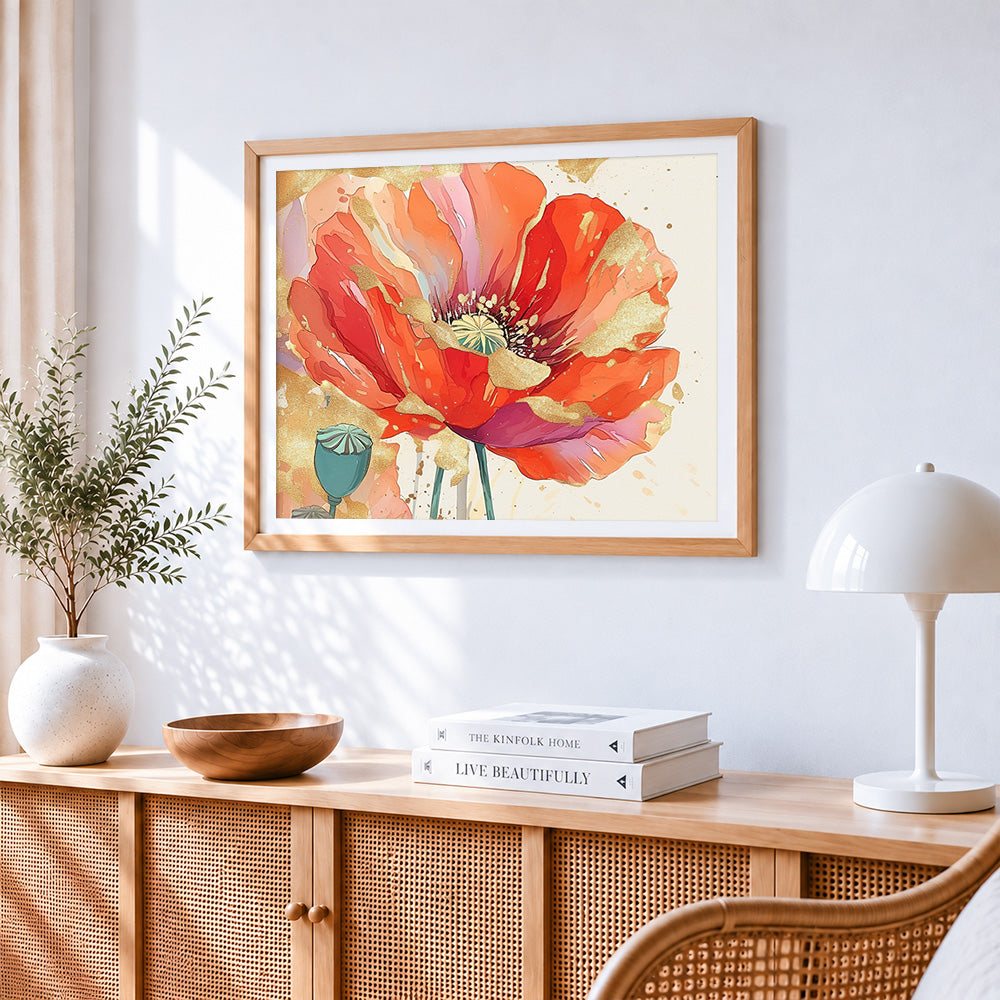 Golden poppy with gold leaf accents cross stitch artwork displayed on wall as home decor