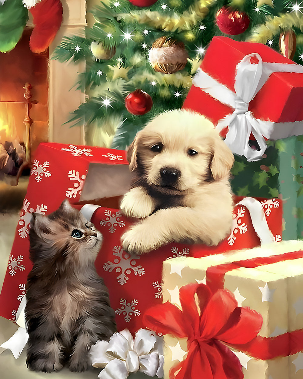 Golden puppy and kitten in christmas gift boxes cross stitch kit for beginners