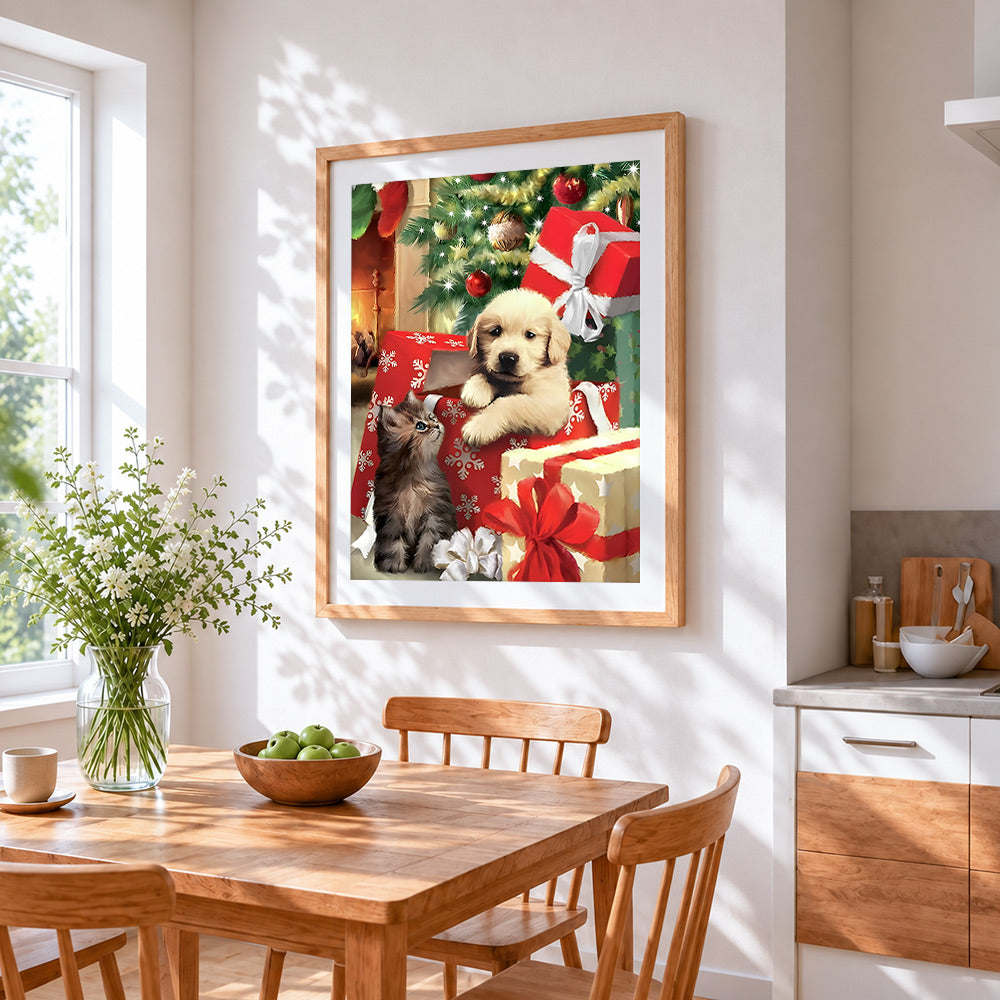 Golden puppy and kitten in christmas gift boxes cross stitch artwork displayed on wall as home decor