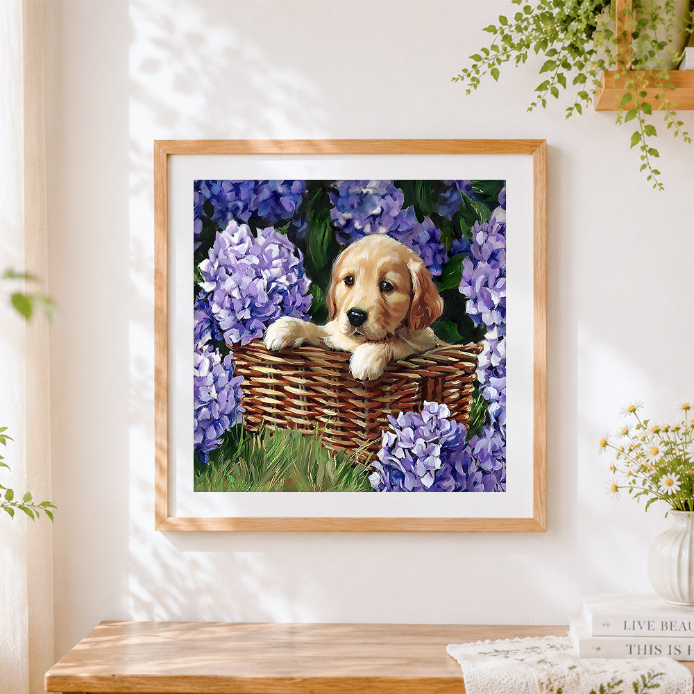 Finished golden puppy in a basket of hydrangeas cross stitch artwork displayed
