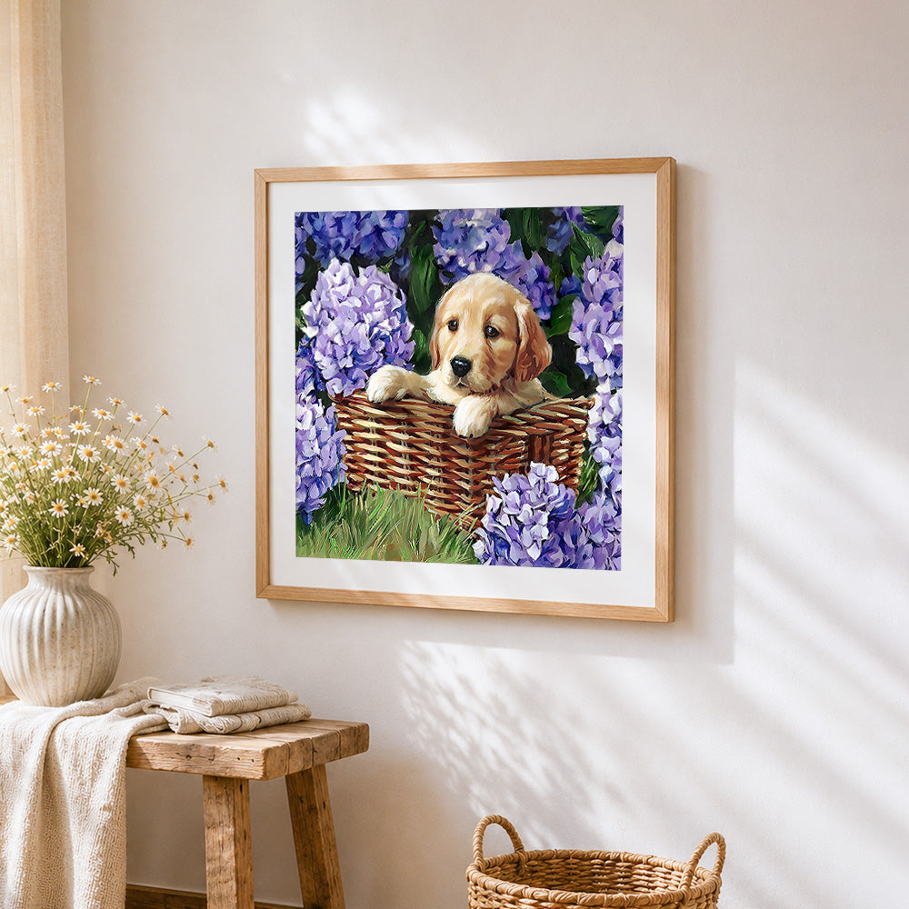 Golden puppy in a basket of hydrangeas cross stitch artwork displayed on wall as home decor