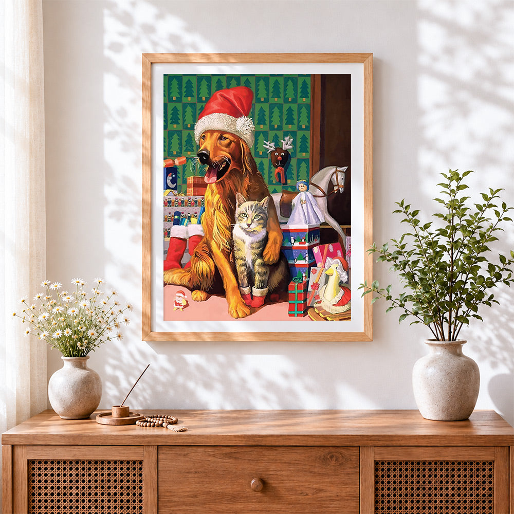 Finished golden retriever and cat with christmas toys cross stitch artwork displayed