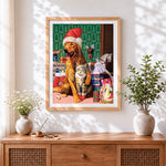 Finished golden retriever and cat with christmas toys cross stitch artwork displayed