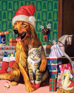 Golden retriever and cat with christmas toys cross stitch kit for beginners