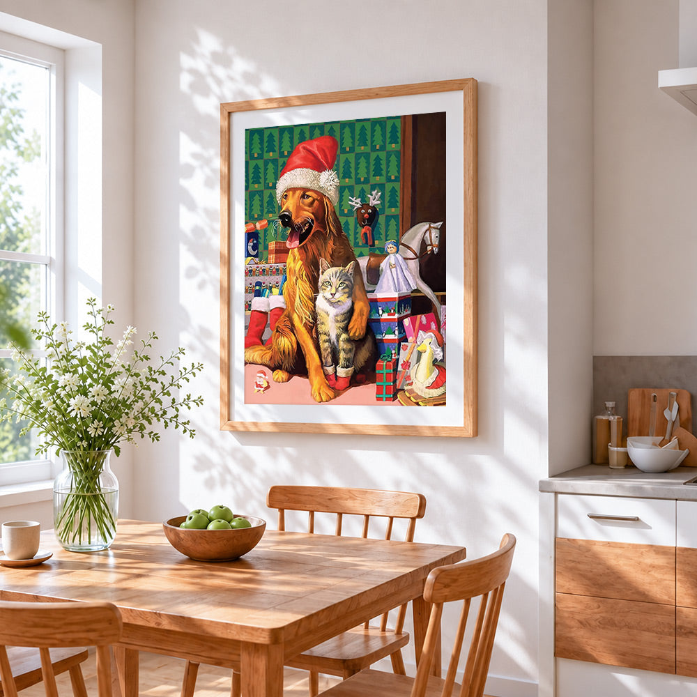Golden retriever and cat with christmas toys cross stitch artwork displayed on wall as home decor