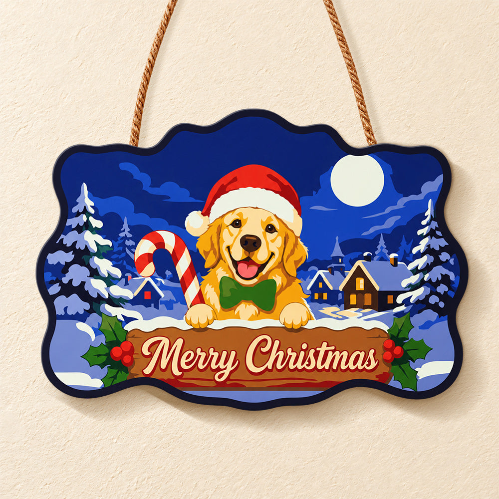 Golden retriever candy cane paint by numbers door hanger finished design
