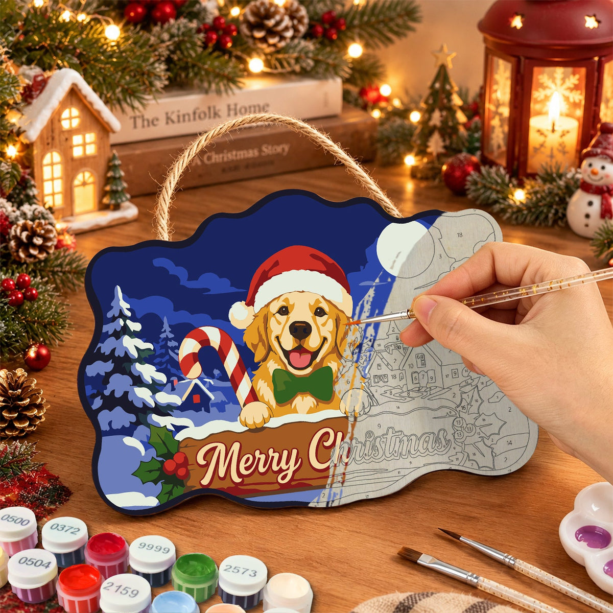 Golden retriever candy cane paint by numbers door hanger painting process