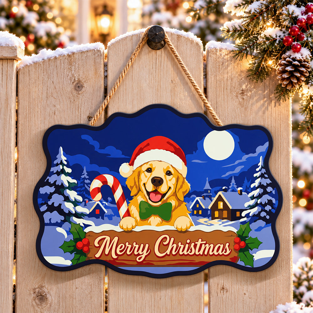 Golden retriever candy cane paint by numbers door hanger on a garden gate