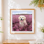Finished golden retriever in a pink flower field cross stitch artwork displayed