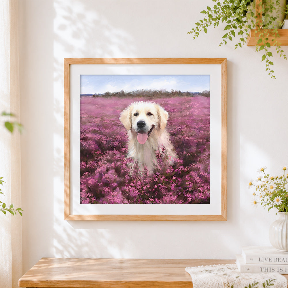 Finished golden retriever in a pink flower field cross stitch artwork displayed