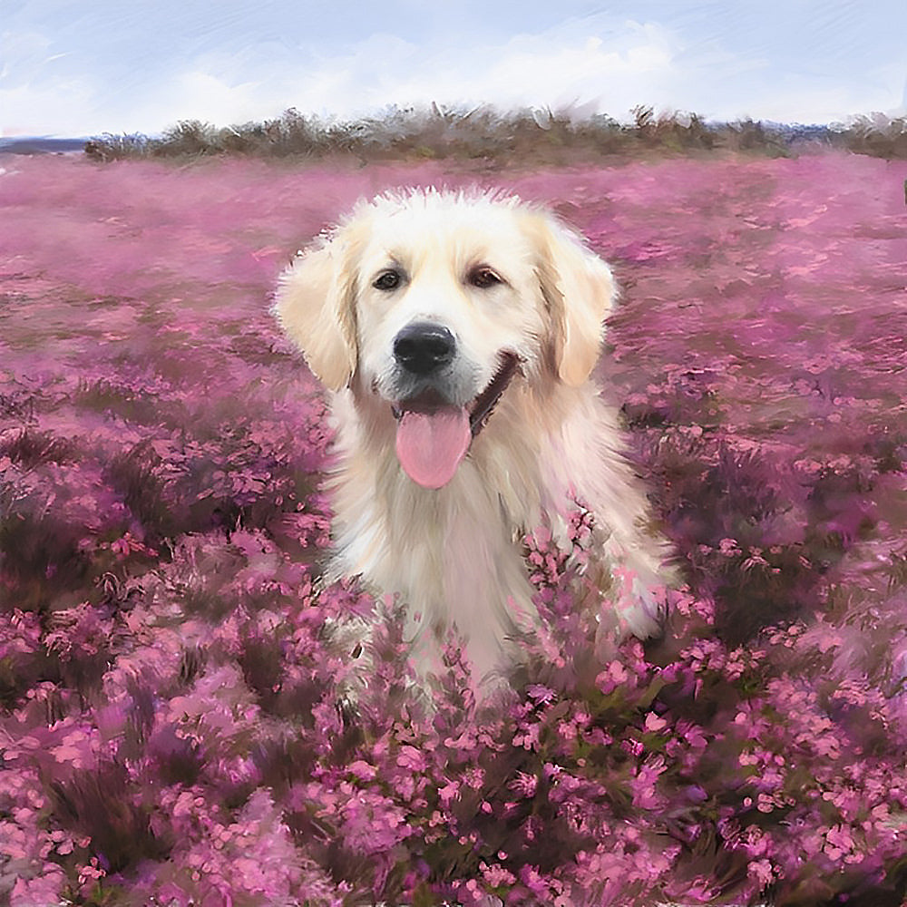 Golden retriever in a pink flower field cross stitch kit for beginners