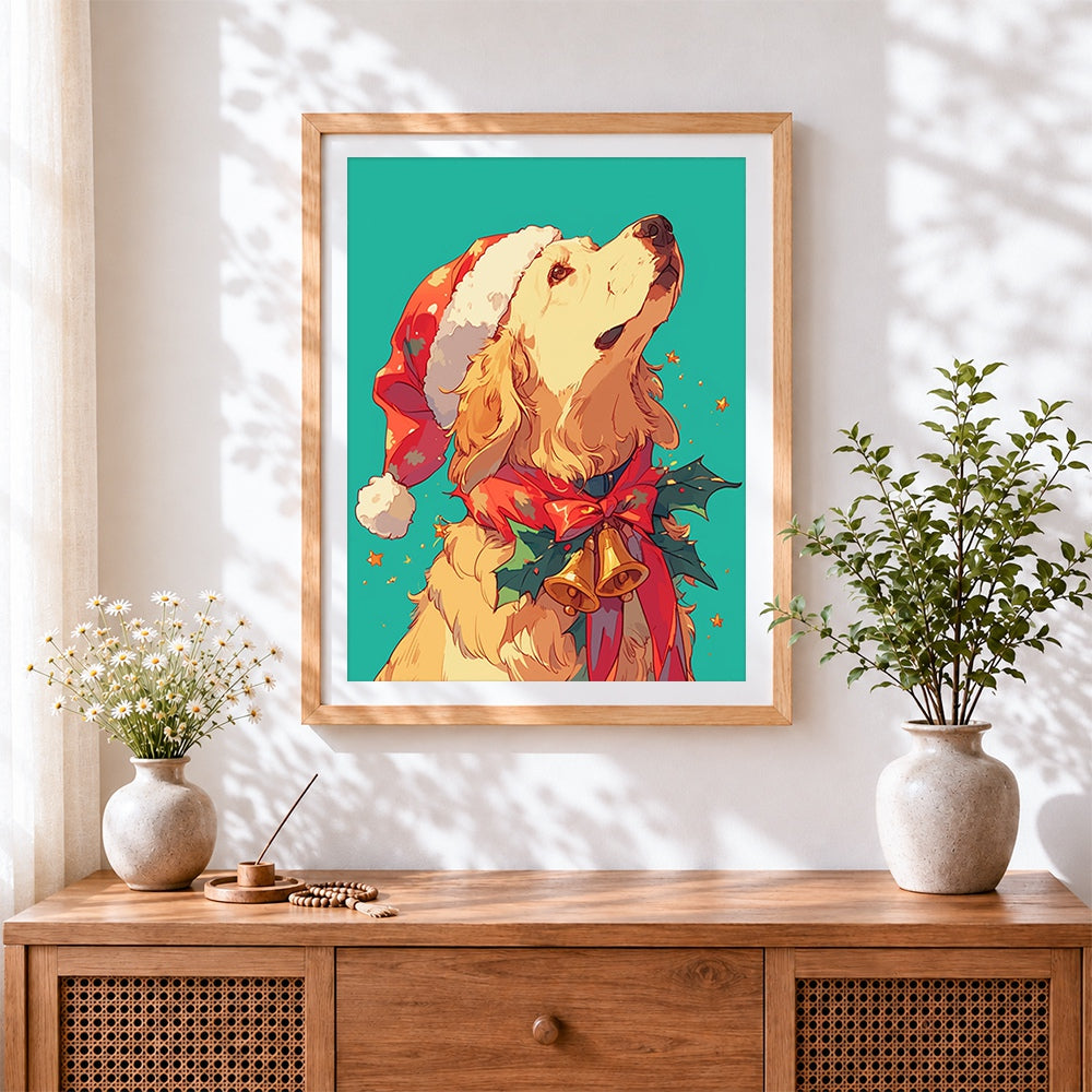 Finished golden retriever in santa hat cross stitch artwork displayed