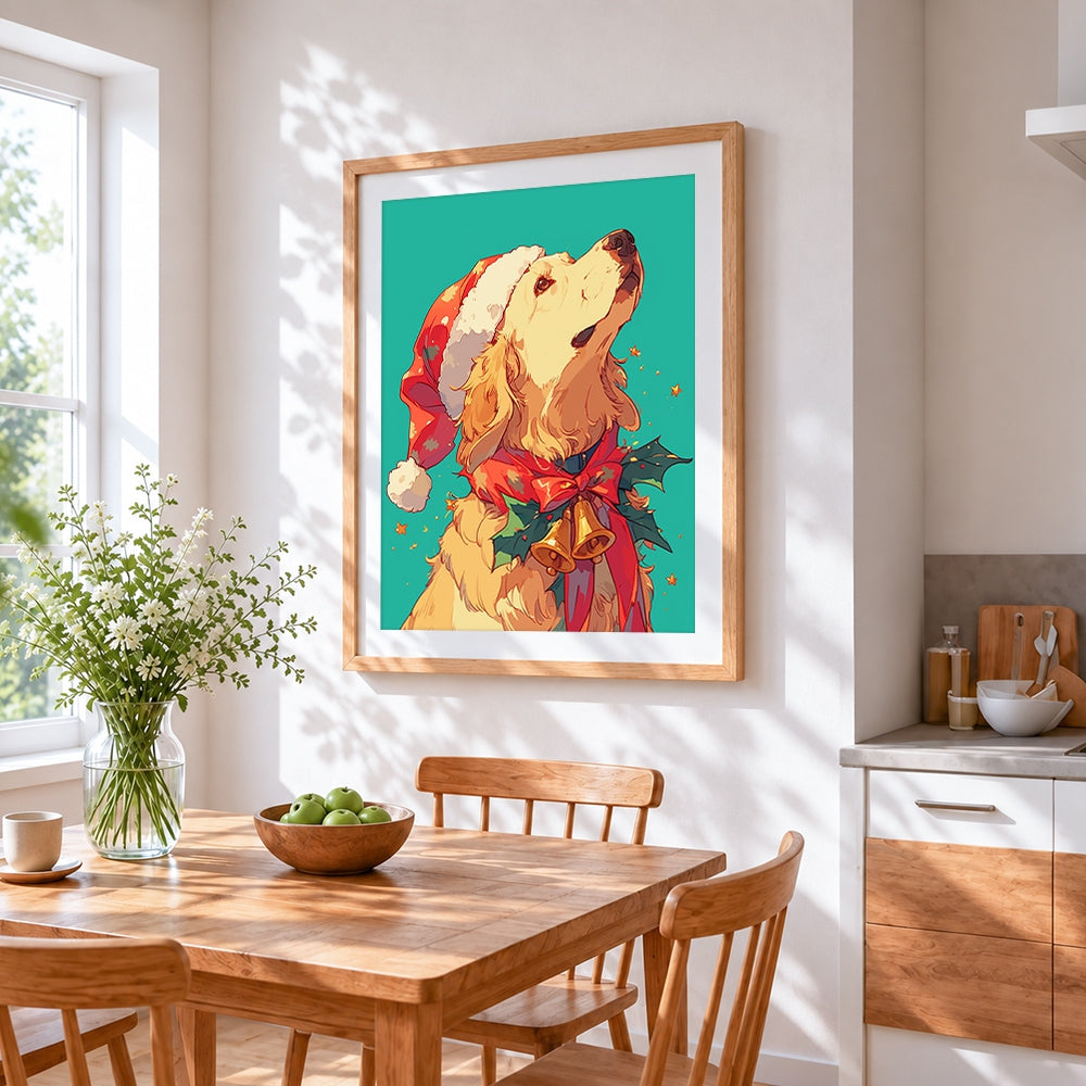 Golden retriever in santa hat cross stitch artwork displayed on wall as home decor