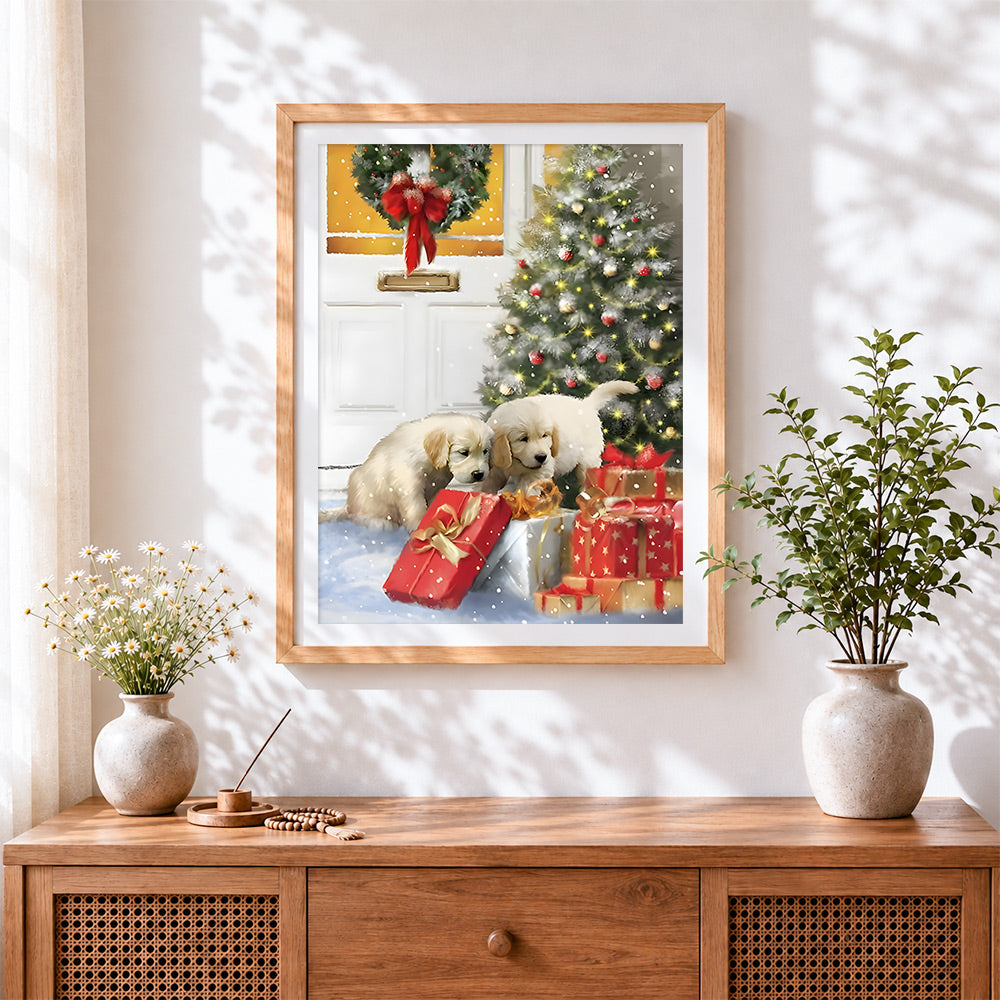 Finished golden retriever puppies and christmas gifts cross stitch artwork displayed
