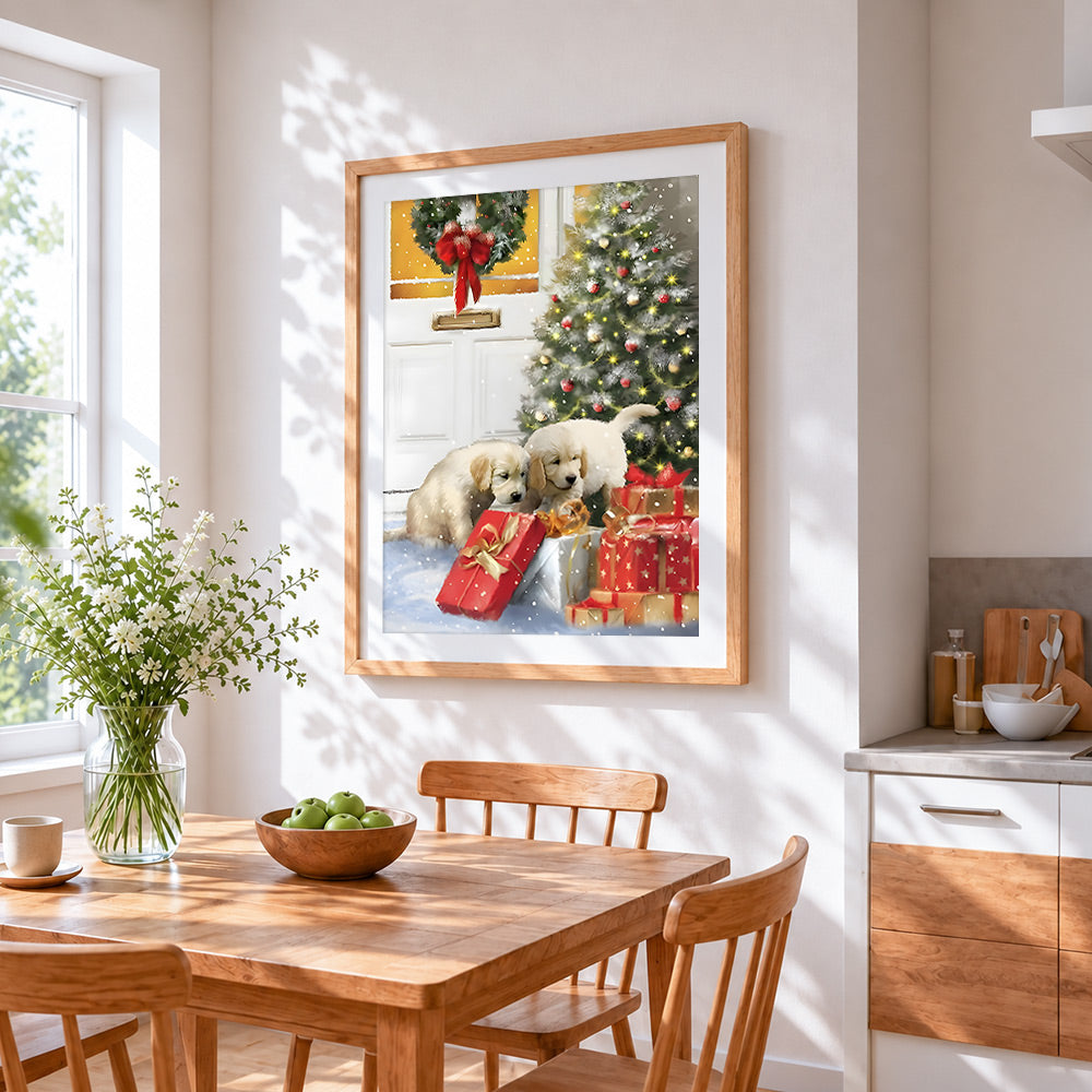 Golden retriever puppies and christmas gifts cross stitch artwork displayed on wall as home decor