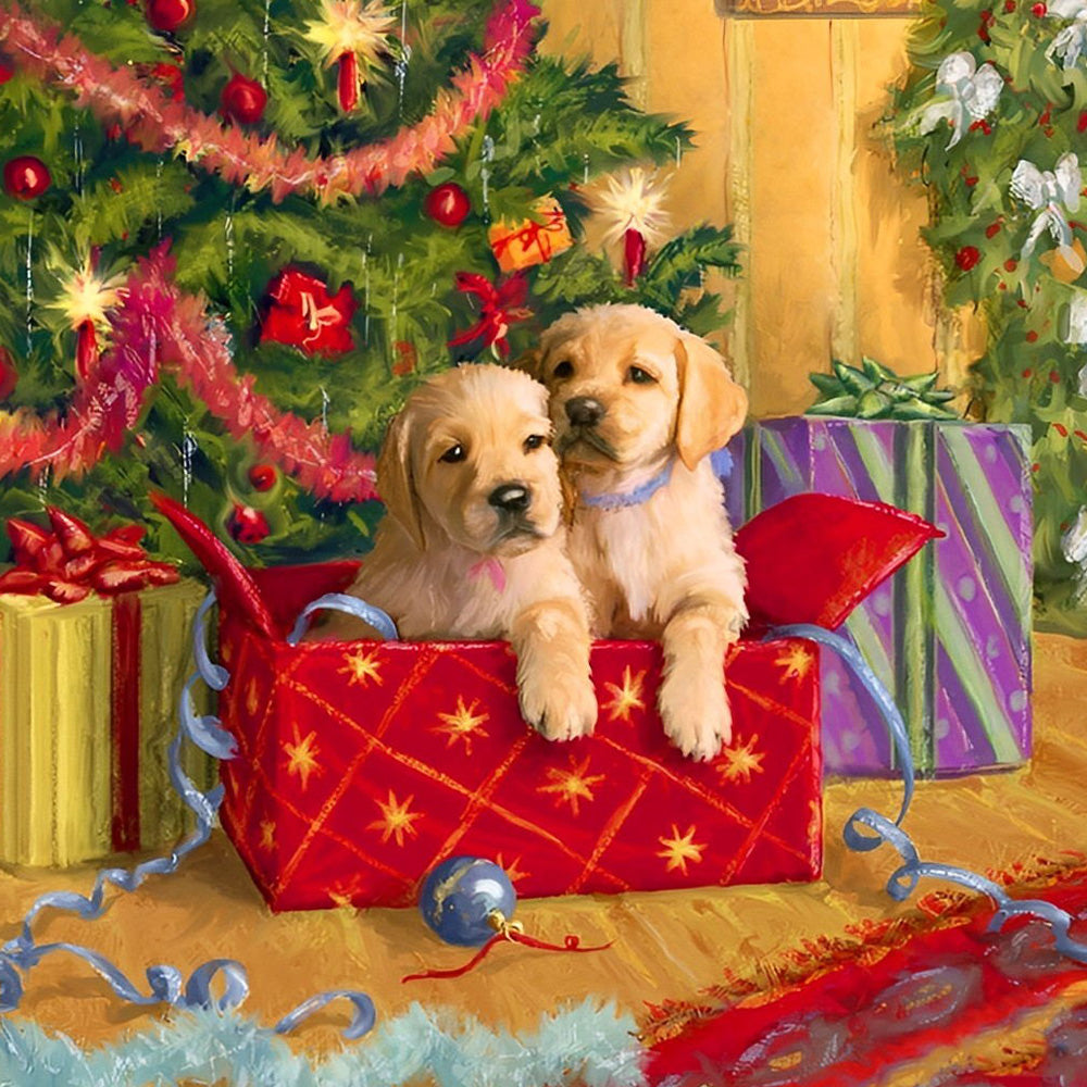 Golden retriever puppies in a christmas box cross stitch kit for beginners