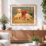 Finished golden retriever puppies with red boot cross stitch artwork displayed