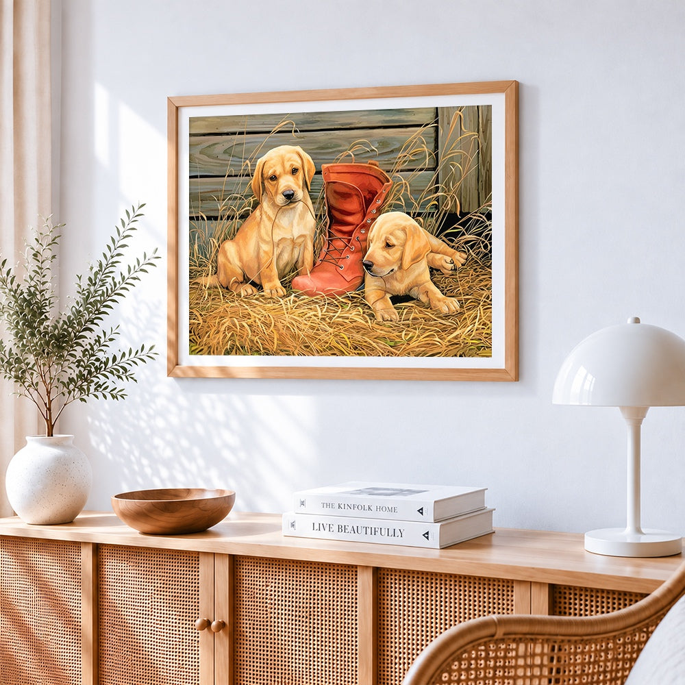 Golden retriever puppies with red boot paint by numbers artwork displayed on wall as home decor