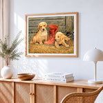 Golden retriever puppies with red boot paint by numbers artwork displayed on wall as home decor