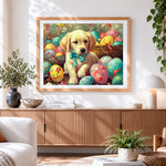 Finished golden retriever puppy and easter eggs cross stitch artwork displayed