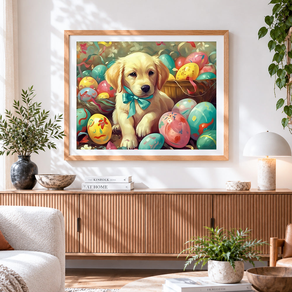 Finished golden retriever puppy and easter eggs cross stitch artwork displayed