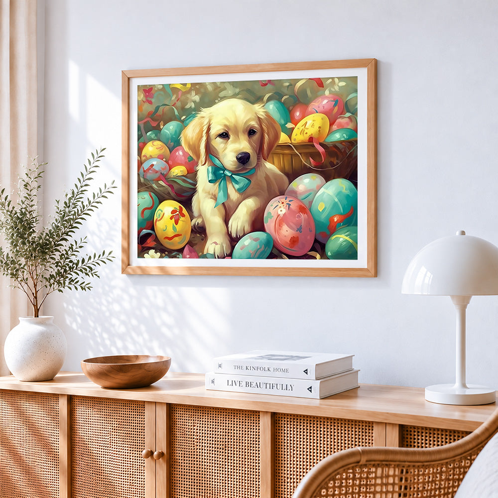Golden retriever puppy and easter eggs cross stitch artwork displayed on wall as home decor