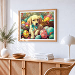 Golden retriever puppy and easter eggs cross stitch artwork displayed on wall as home decor