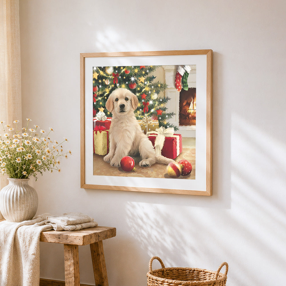 Golden retriever puppy by the christmas tree cross stitch artwork displayed on wall as home decor