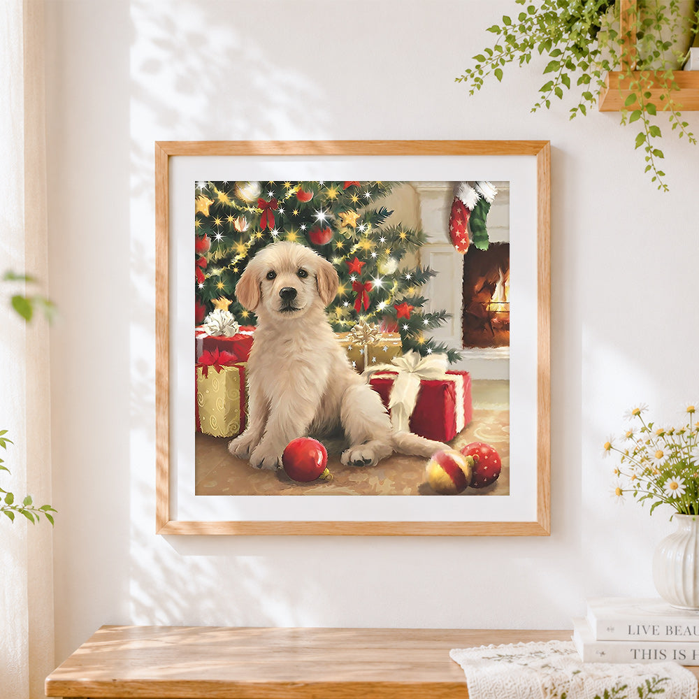 Finished golden retriever puppy by the christmas tree paint by numbers artwork displayed as home decor