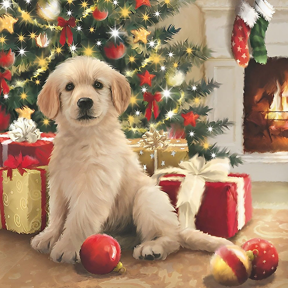 Golden retriever puppy by the christmas tree paint by numbers kit for beginners