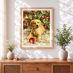 Finished golden retriever puppy by the fire cross stitch artwork displayed